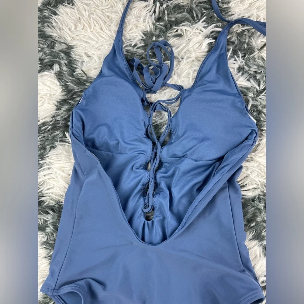 Aerie Women's Blue Lace Up High Cut One-Piece Swimsuit Size Small